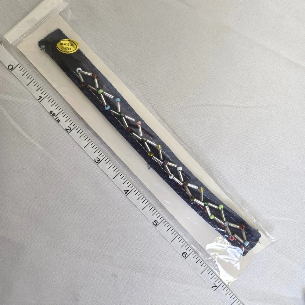 Denim‎ Beaded Bracelet, Retro Vibe, Hook and Loop Closure, 7